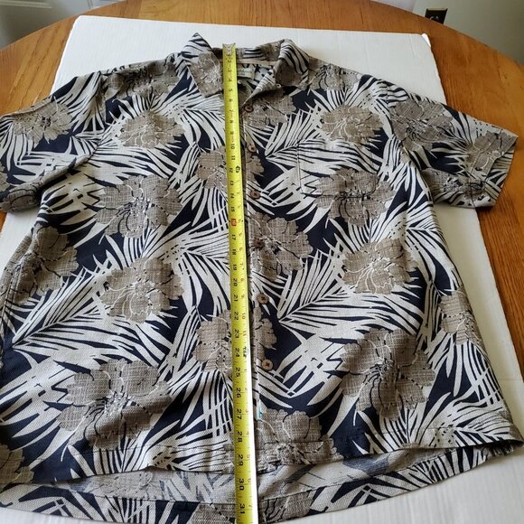 Caribbean Pure Silk Hawaiian Coastal Navy and Tan Wood Button Up Shirt XL - Picture 14 of 15